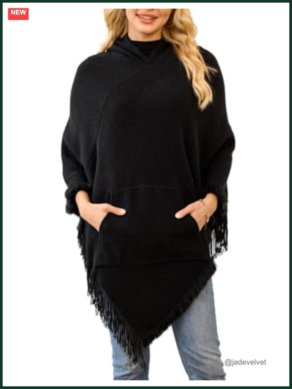 Knit Hooded Poncho Kangaroo Pocket Fringe Wrap Cape